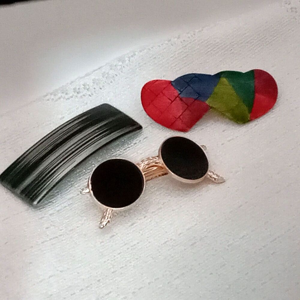 Barrette Hair Accessory 3 Larger Clips Hearts Stripes Sunglasses